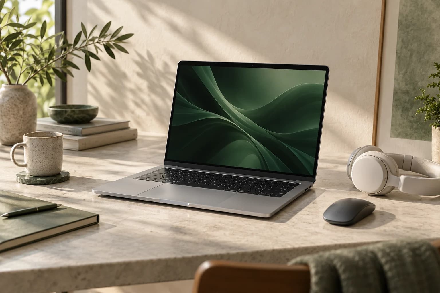 Laptop, headphones, and accessories in a sunlit workspace